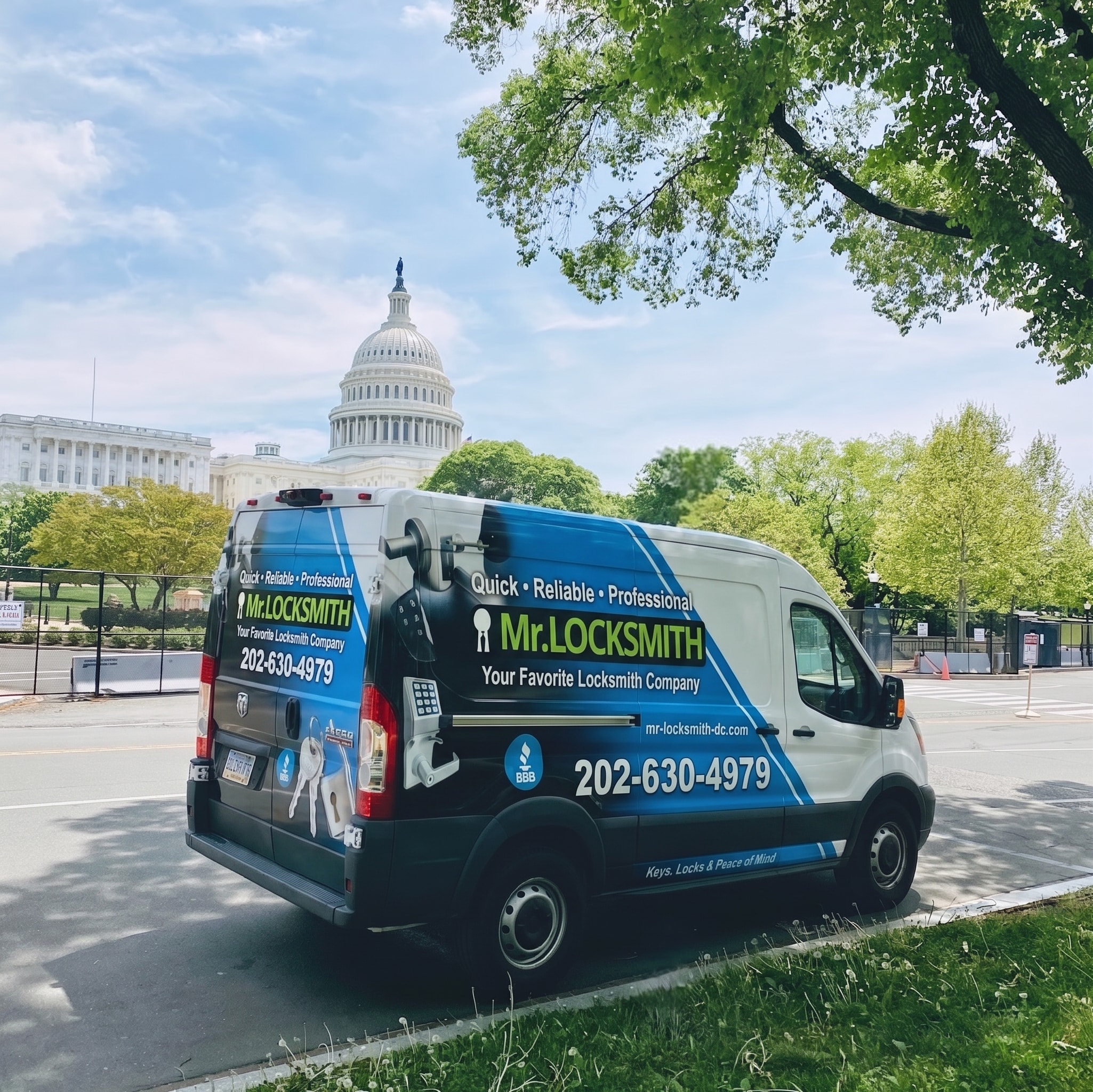 Marked Mr. Locksmith DC service van parked on a Washington DC street
