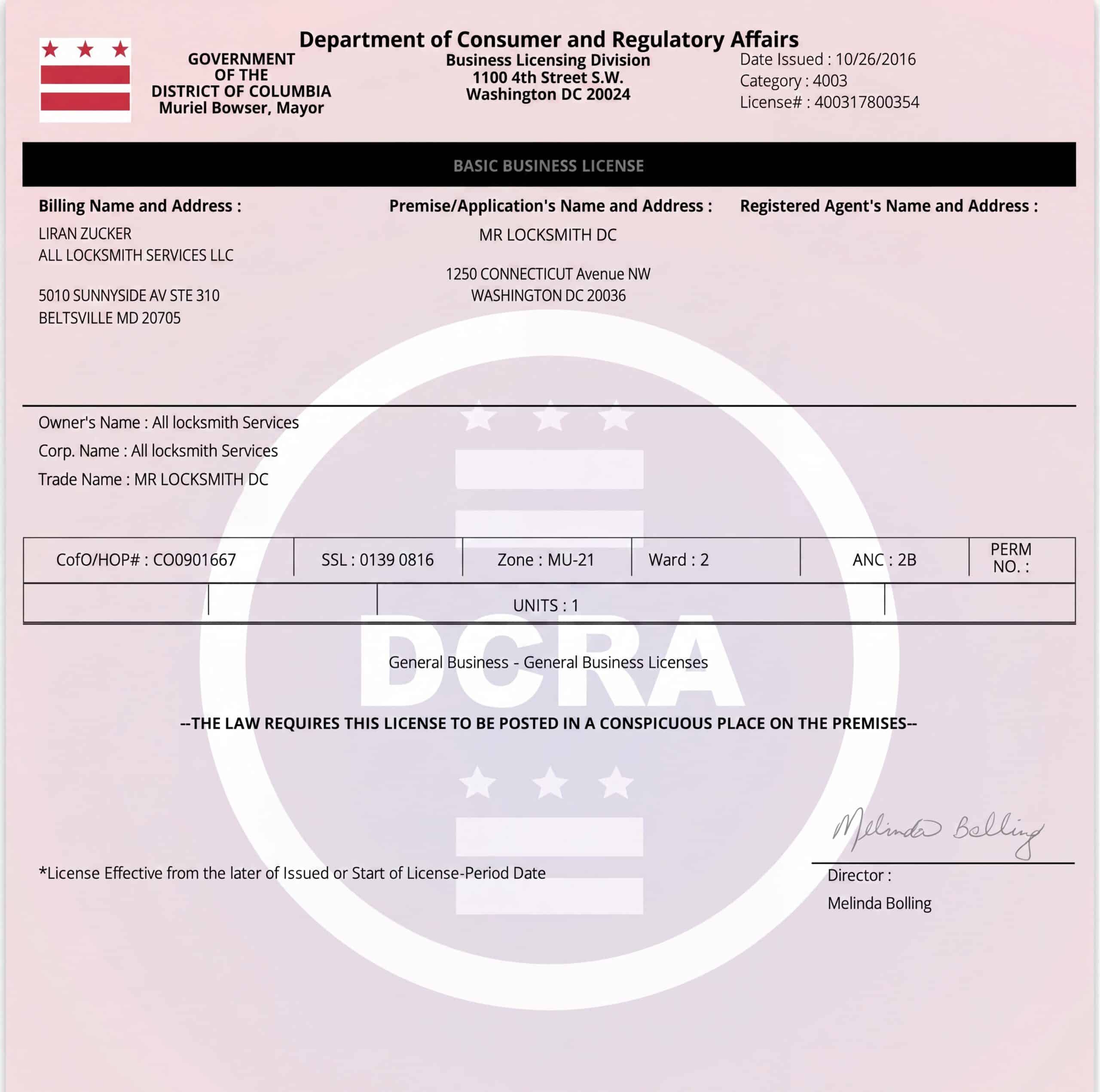 Mr. Locksmith DC official Basic Business License issued by the District of Columbia Department of Consumer and Regulatory Affairs