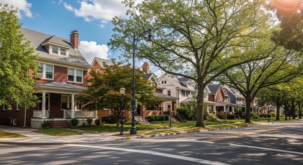 Tree-lined residential street with older detached houses and front porches